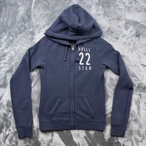 Hollister Zip Up Hoodie Womens XS Navy Blue Graphic Fleece Sweatshirt 22